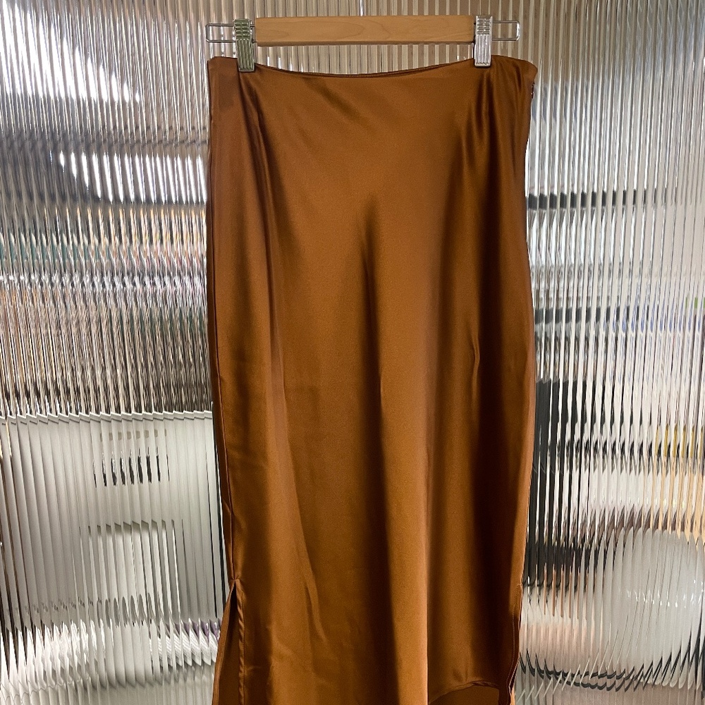 NWOT Womens S Satin Copper Asymmetrical Silky Skirt